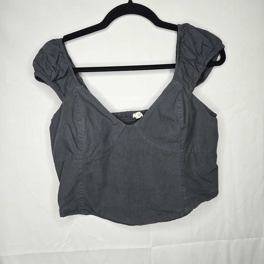 Aerie Gray Puff Sleeve Crop Top Large Cottagecore Babydoll Smocked Back Y2K